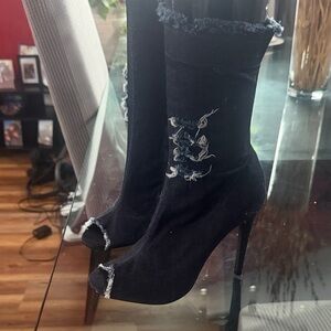 Elegant Denim Blue Open Toe Stiletto Heel Boots